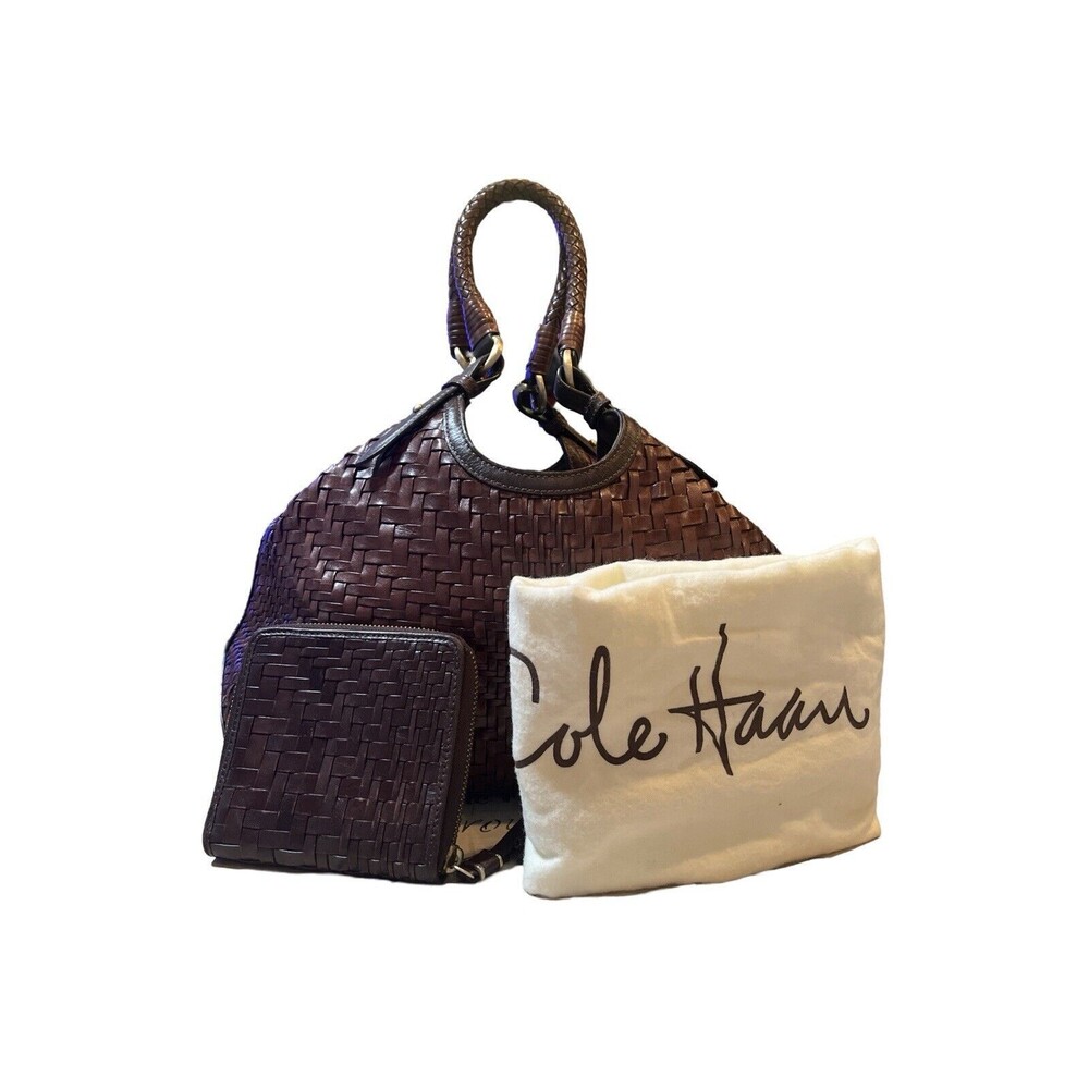 Vintage COLE HAAN GENEVIEV Woven Leather Shoulder Tote Bag W/Matching Wallet Set